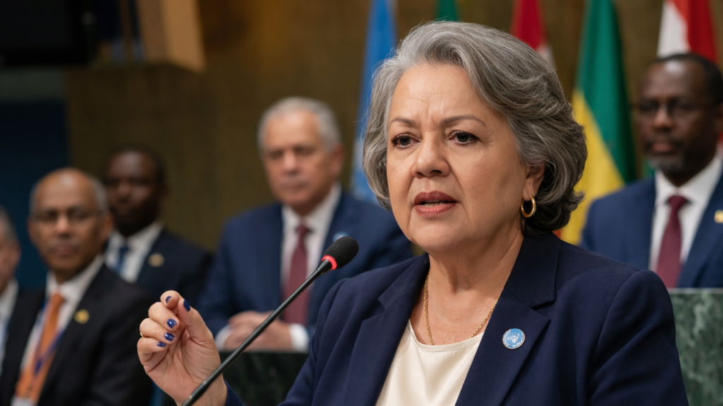 Myrinha Vasconcellos discursando na plenária da ONU durante a CSW70 sobre direitos das mulheres