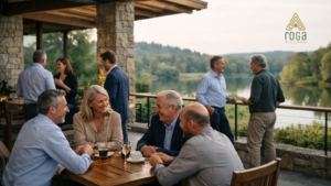 Empresários em ambiente de clube ao ar livre, conversando em mesa com vista para natureza e lago, em contexto de networking estratégico e tomada de decisão