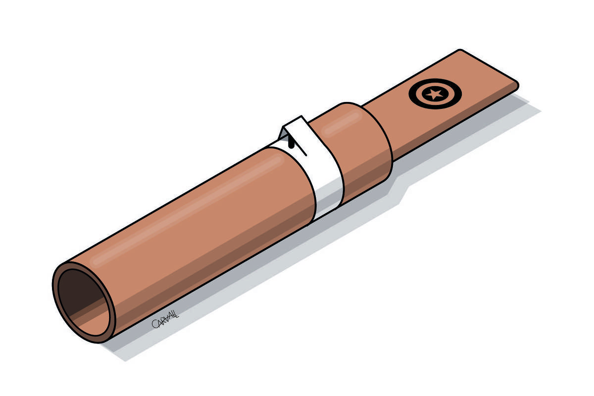 Um rojão com o símbolo do Capitão América no cabo.