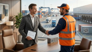 Executivo e transportador apertam as mãos em escritório com vista para pátio logístico com caminhões e contêineres, simbolizando acordo de transporte de cargas e gestão operacional