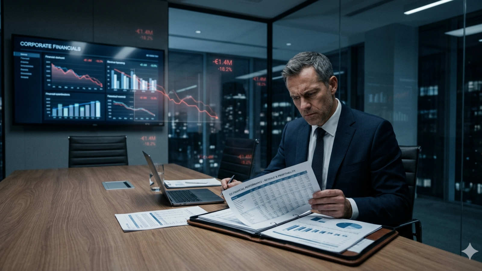 Executivo analisando relatórios financeiros em sala de reunião enquanto gráficos ao fundo indicam queda e prejuízos ocultos