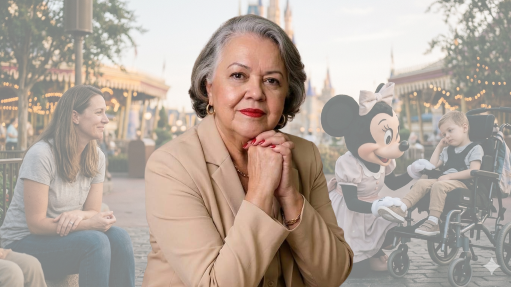 Mulher em destaque ao centro, em primeiro plano, com expressão firme e acolhedora, sobreposta a uma cena em parque temático onde, ao fundo, uma personagem vestida de Minnie interage com uma criança em cadeira de rodas sob o olhar atento da mãe.