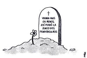 A charge de Marília Marz publicada no dia 9 de maio mostra uma lápide enfiada na terra. Nela, lê-se: