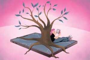 In this illustration, a large tree grows out of a cracked digital tablet screen. A student sits under the tree reading a book.