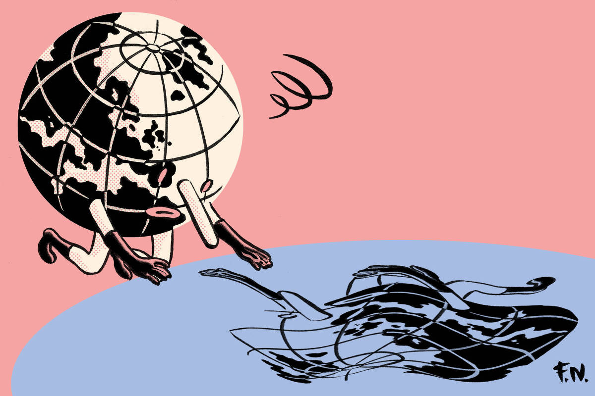Ilustração mostra o planeta Terra com braços e pernas, inclinado para frente tentando alcançar um peixe preto que nada em uma superfície azul. Fundo é rosa, e o planeta tem linhas de latitude e longitude visíveis.