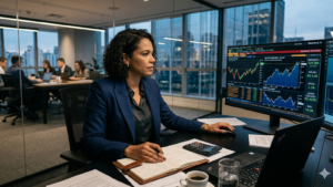 Executiva analisando dados financeiros em escritório corporativo moderno com gráficos de mercado em telas digitais