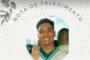 Nota de falecimento com foto de Gabriel Souza Bueno sorridente, usando camiseta verde e branca. Texto informa velório em 29/05/2026, das 10h30 às 13h30, com logo do Parque dos Ipês.