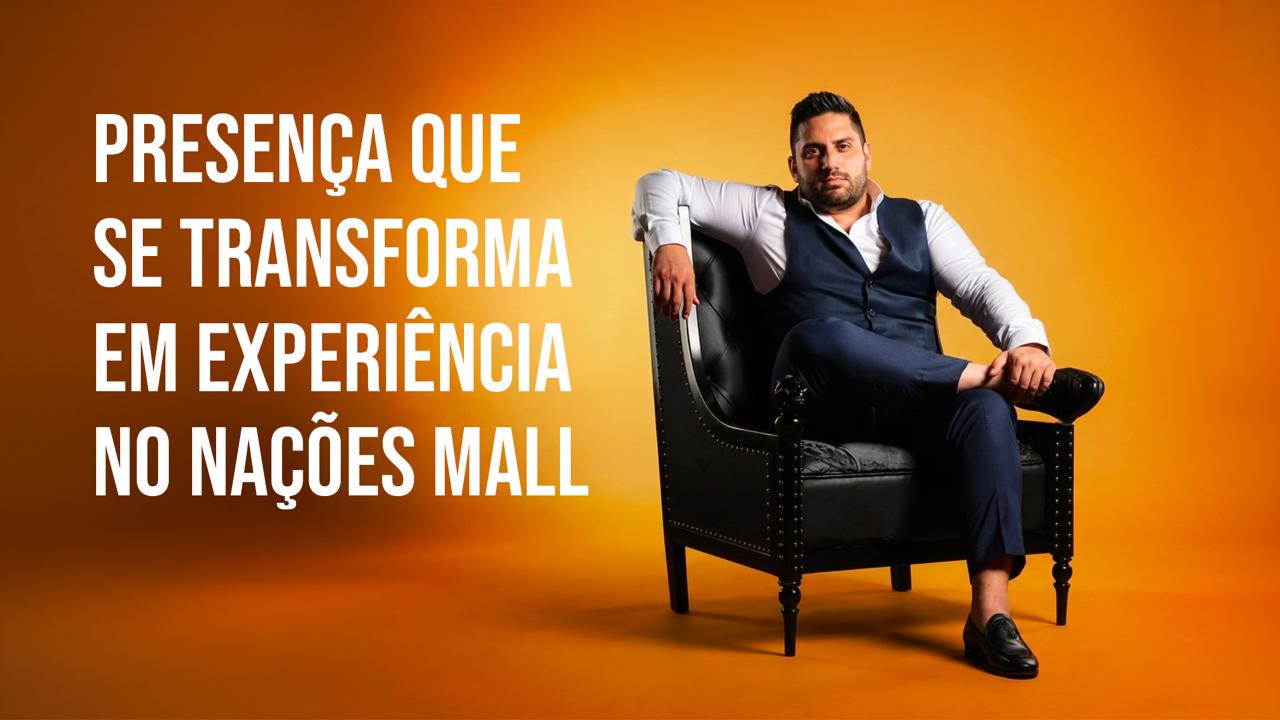 Caio Santomo em ensaio institucional para o Nações Mall, reforçando posicionamento ligado à experiência, convivência e lifestyle urbano.