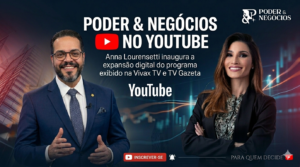 Tucco e Anna Lourensetti em destaque na arte de lançamento do canal Poder & Negócios no YouTube. O programa, exibido pela Vivax TV e TV Gazeta, amplia sua presença digital com entrevistas sobre liderança, negócios e influência.