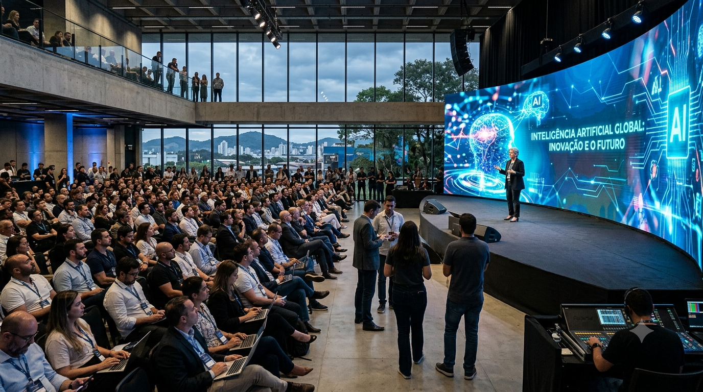 Auditório lotado durante o Summit de Inteligência Artificial Brasil 2026, em Joinville (SC), com palestrante no palco diante de um grande painel digital sobre Inteligência Artificial, reunindo especialistas, executivos, pesquisadores e profissionais de tecnologia.