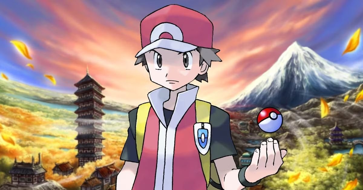 Red segura uma Poké Bola diante de paisagem inspirada no Japão em arte de Pokémon destacando o icônico treinador da franquia