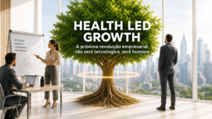 Ilustração do conceito Health Led Growth, criado por Anna Maoli, mostrando líderes empresariais em ambiente corporativo ao redor de uma árvore que simboliza crescimento sustentável, saúde estratégica e alta performance.
