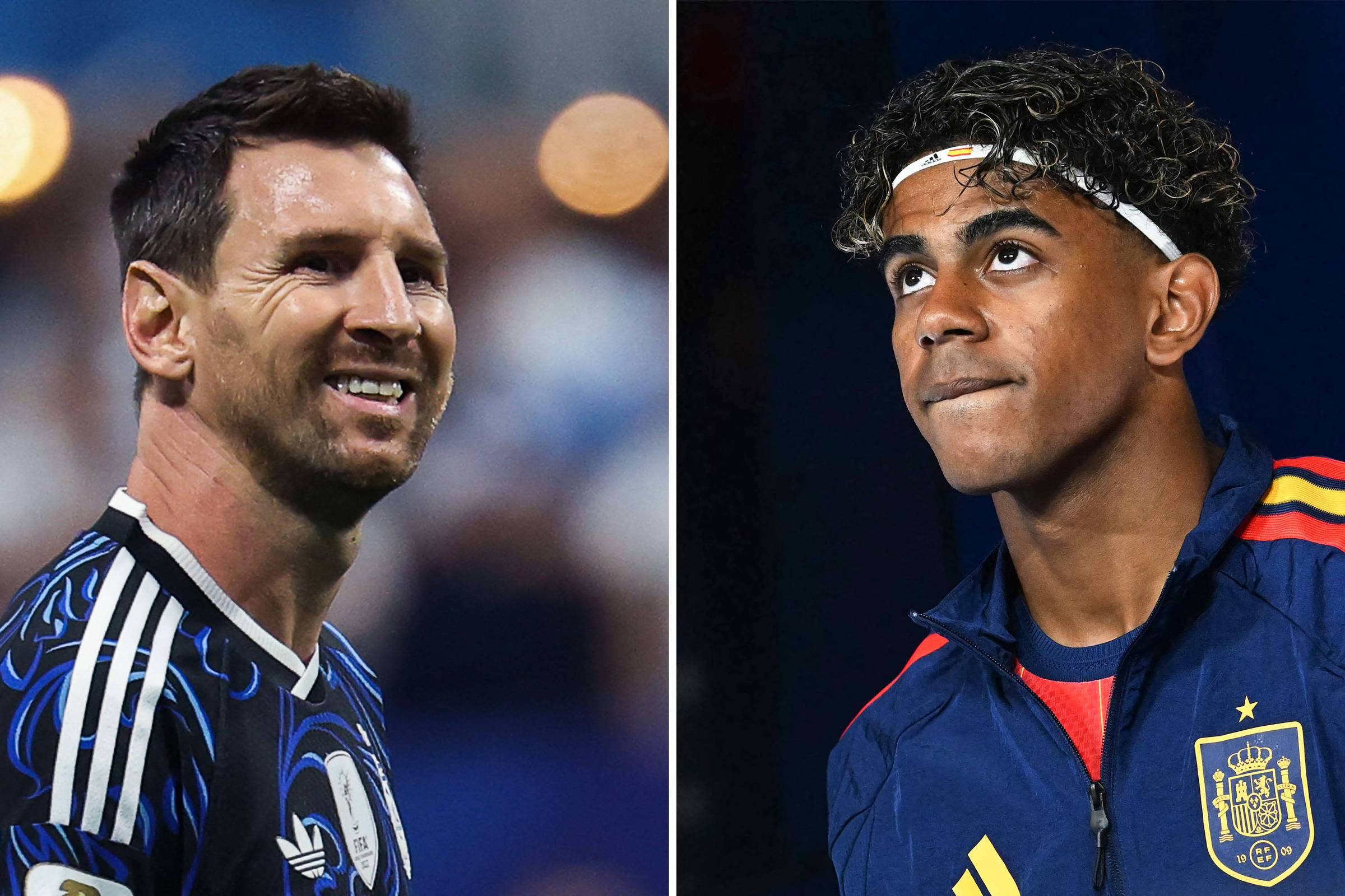 À esquerda, Lionel Messi sorri vestindo uniforme azul e preto com detalhes brancos. À direita, Anssumane Fati olha para cima com expressão pensativa, usando jaqueta azul da seleção espanhola com detalhes em vermelho e amarelo.