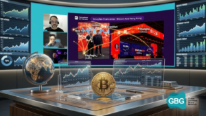 Painel representa a relação entre geopolítica, economia global e Bitcoin, com mapas, indicadores financeiros e mercados internacionais.