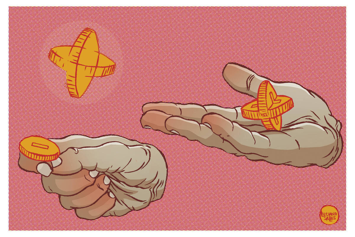 Ilustração mostra duas mãos em fundo vermelho pontilhado. A mão esquerda segura uma moeda laranja redonda, enquanto a mão direita exibe uma moeda laranja em formato de cruz tridimensional.