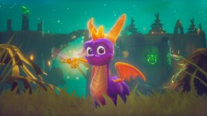Spyro e a libélula Sparx explorando ruínas mágicas em cenário noturno de aventura repleto de criaturas fantásticas