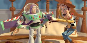 Woody Laughing at Buzz Lightyear in Toy Story