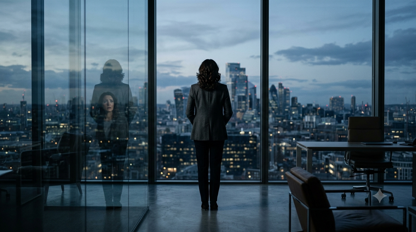 Executiva observa a cidade pela janela de um escritório corporativo, em uma reflexão sobre sucesso, futuro e riscos da carreira.