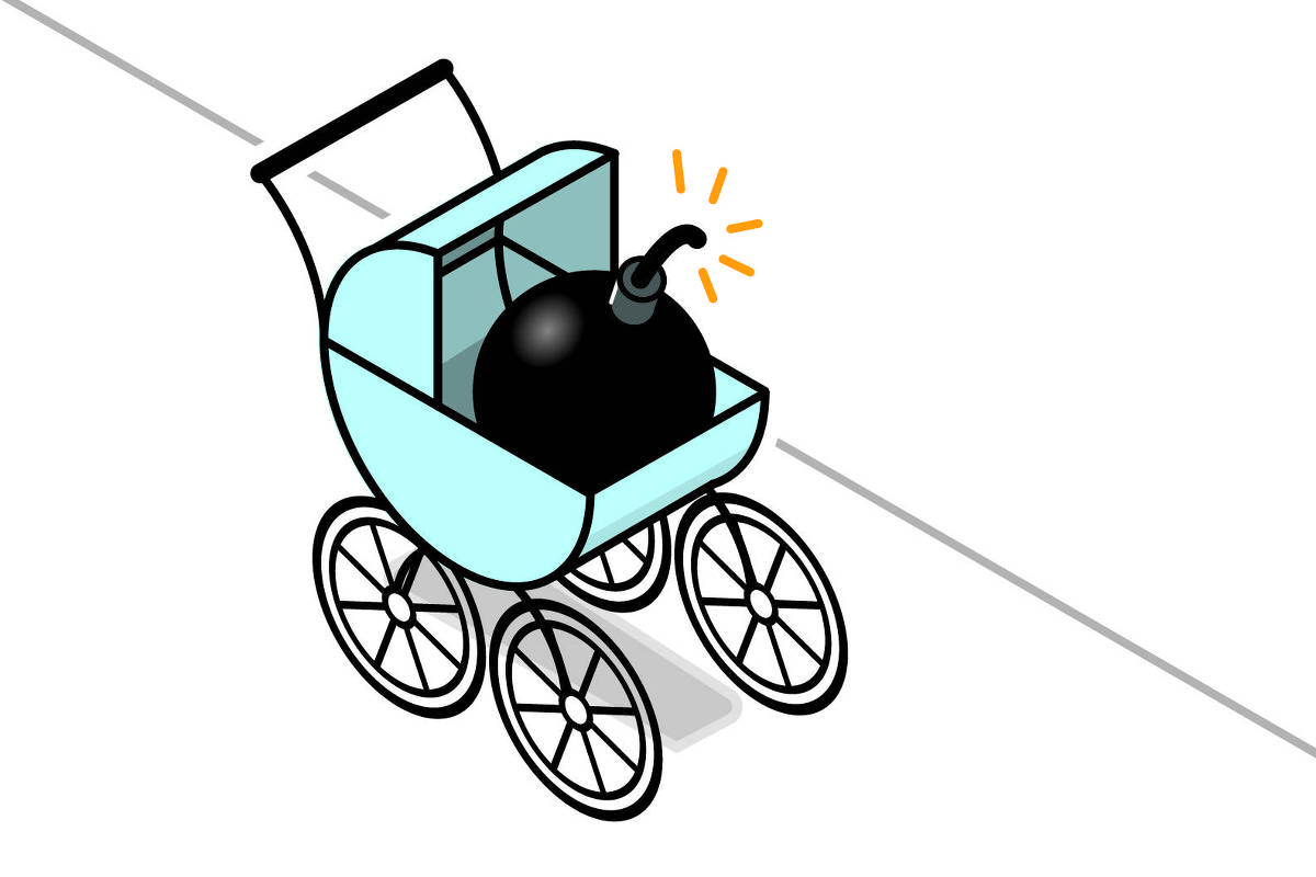 Um carrinho de bebê carregando uma bomba