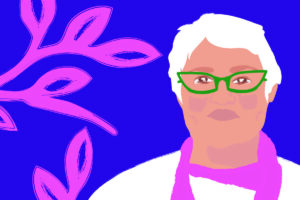 Ilustração de fundo roxo, com folhagem cor de rosa. À direita está o retrato de Amelinha Teles, ela é uma mulher branca, de cabelos grisalhos, usa óculos verdes, veste uma blusa branca e tem um lenço cor de rosa rosa no pescoço.
