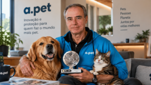 Luiz Genova, CEO da APet, com cães e gato e troféu em ambiente dedicado à saúde e ao mercado pet.