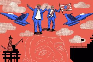 Dois homens de terno azul estão de mãos dadas no topo da cabeça desenhada de um rosto masculino. Um deles segura uma bandeira com as cores do estado de São Paulo. Dois caças voam ao redor deles em um céu vermelho com nuvens estilizadas. À esquerda, há uma plataforma de petróleo e à direita, uma estrutura industrial com uma bandeira preta.