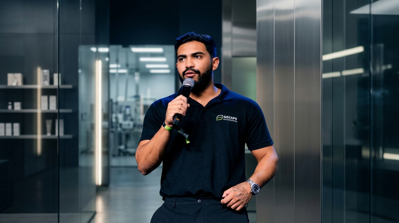 Hugo, diretor comercial do Grupo Bellar, em ambiente corporativo ligado à indústria de suplementos.