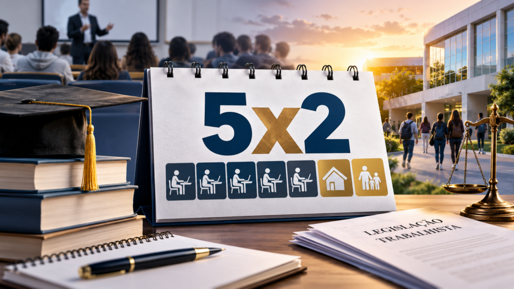 Imagem ilustrativa da escala 5x2, com calendário, estudantes em ambiente universitário, livros, capelo de formatura e balança da justiça, representando os impactos da redução da jornada de trabalho na educação superior.