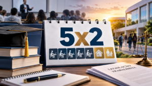Imagem ilustrativa da escala 5x2, com calendário, estudantes em ambiente universitário, livros, capelo de formatura e balança da justiça, representando os impactos da redução da jornada de trabalho na educação superior.