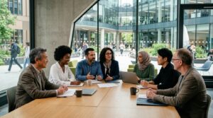 Equipe multicultural reunida em ambiente universitário internacional durante reunião de trabalho e liderança.