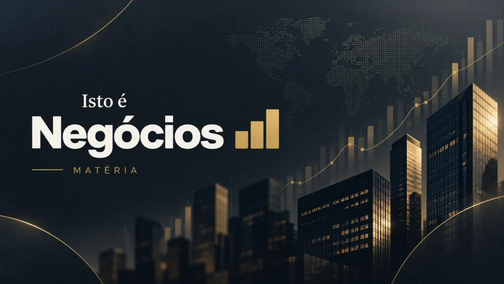 Capa institucional do portal IstoÉ Negócios com skyline e elementos gráficos