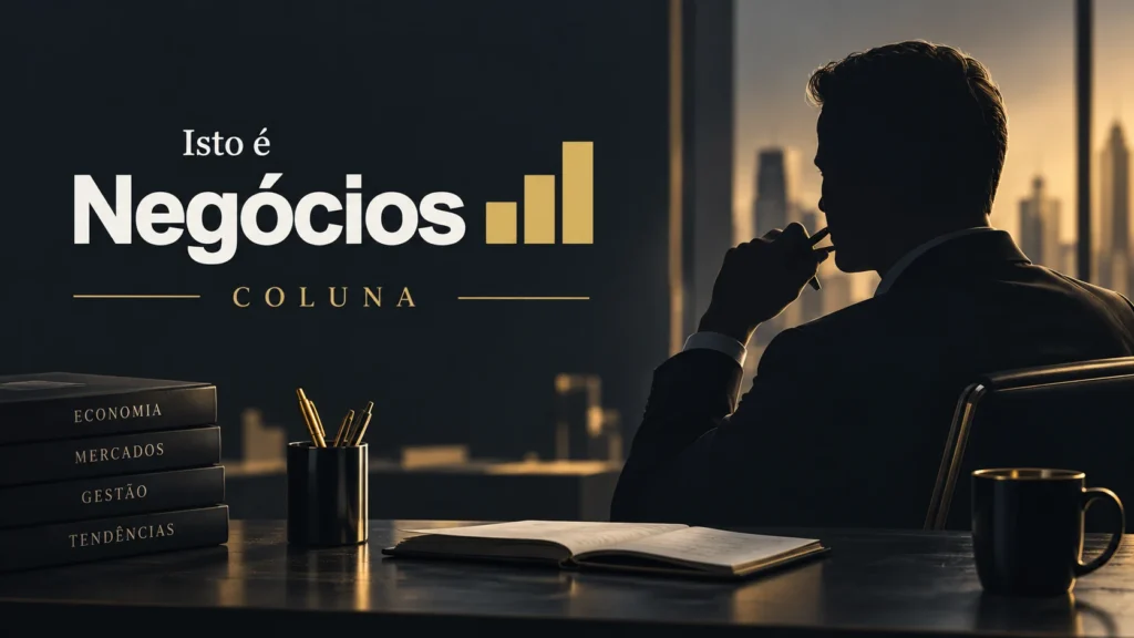 Capa editorial das colunas IstoÉ Negócios com silhueta, cidade e elementos dourados