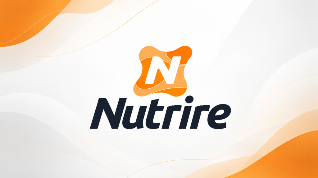 Logotipo da Nutrire em destaque sobre fundo branco com elementos gráficos em laranja, representando a indústria brasileira de alimentação pet.