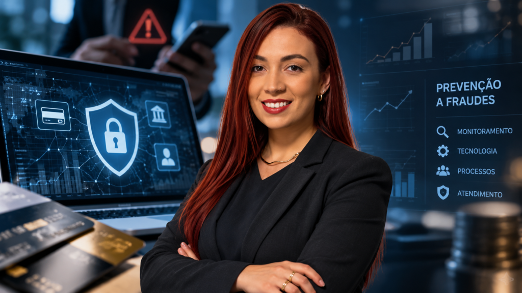 Rúbia Mara Dias Madrilles em imagem editorial sobre prevenção a fraudes financeiras, segurança em cartões de crédito, monitoramento digital e análise de riscos.