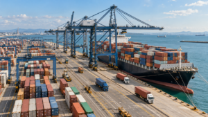 Porto moderno com guindastes e navio