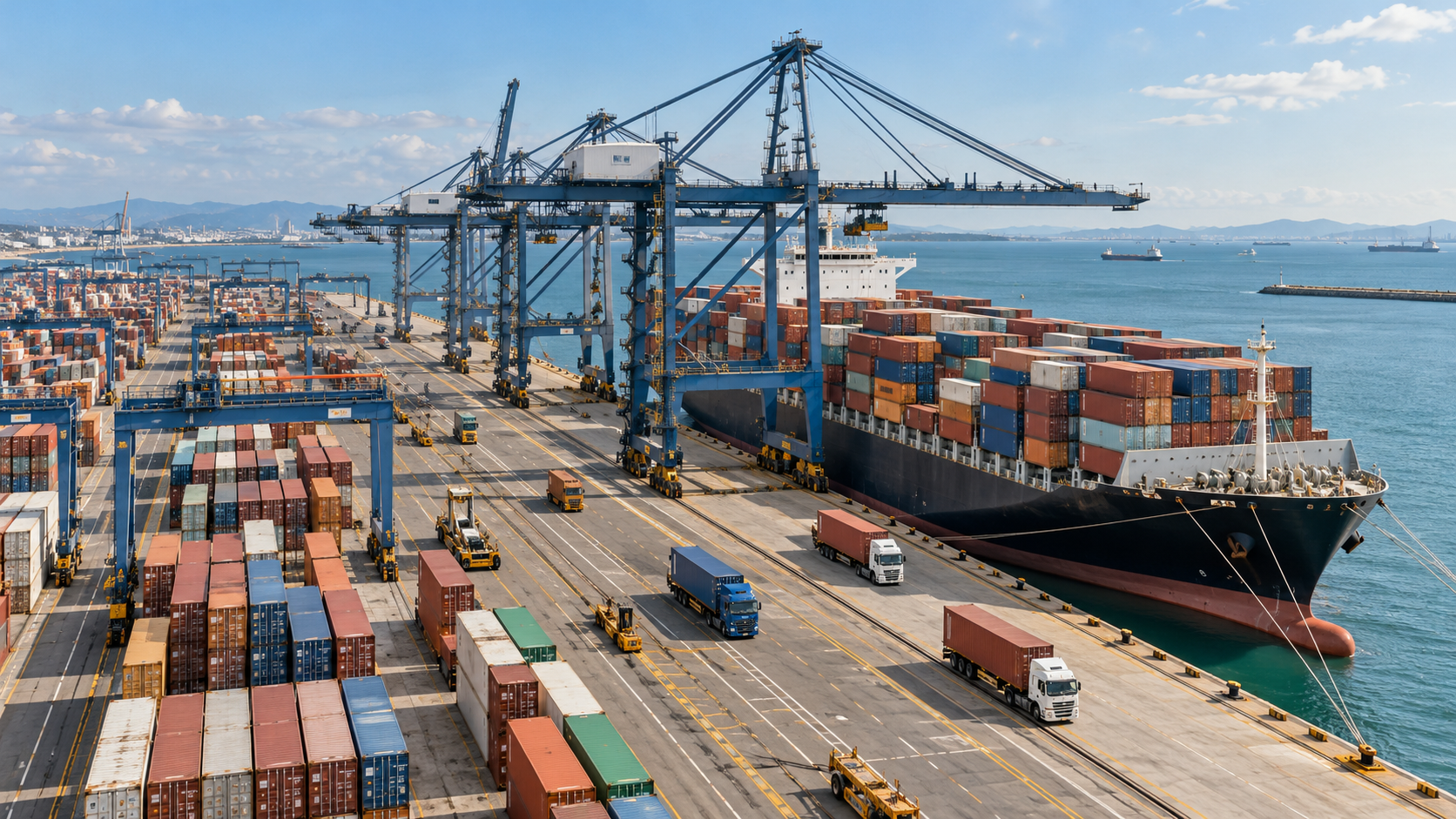 Porto moderno com guindastes e navio